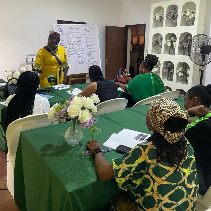 Facilitator presenting at a flip chart to Academy trainees seated at green-draped tables
